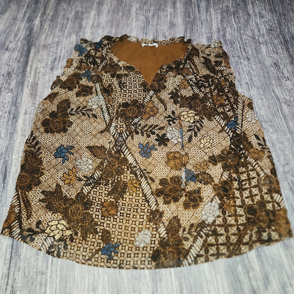Maison d'Amelie Floral Print Sleeveless‎ Blouse Top Brown Blue XL